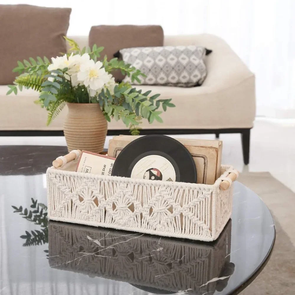 Macrame Storage Baskets Boho Decor Set of 2, Ivory